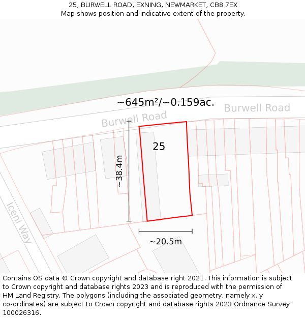 25, BURWELL ROAD, EXNING, NEWMARKET, CB8 7EX: Plot and title map