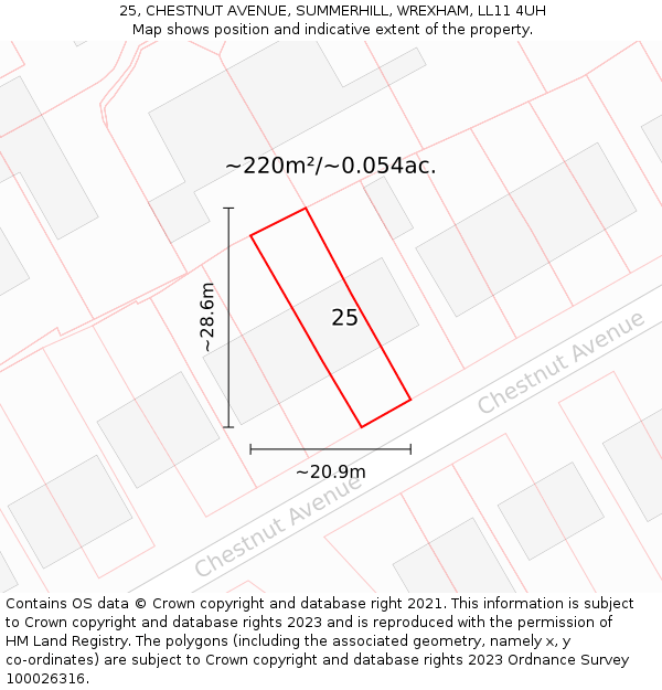 25, CHESTNUT AVENUE, SUMMERHILL, WREXHAM, LL11 4UH: Plot and title map