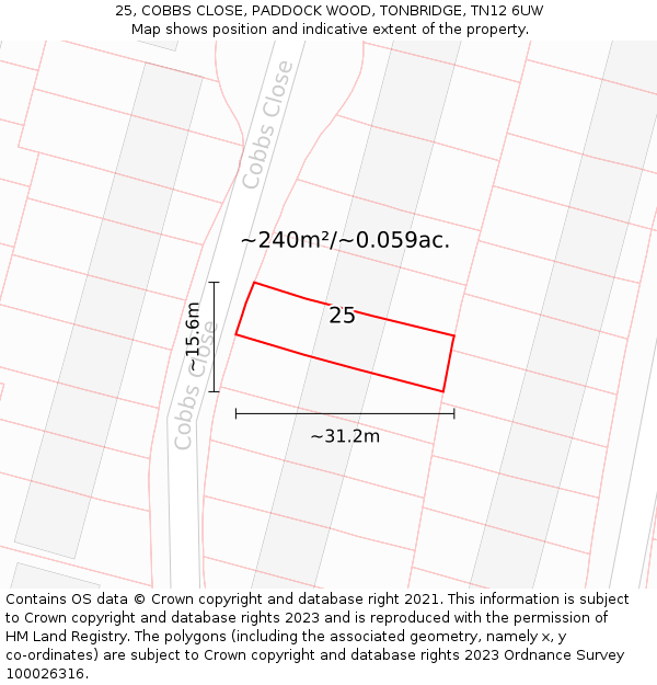25, COBBS CLOSE, PADDOCK WOOD, TONBRIDGE, TN12 6UW: Plot and title map