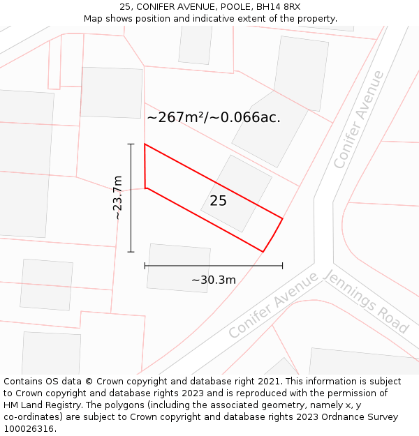 25, CONIFER AVENUE, POOLE, BH14 8RX: Plot and title map