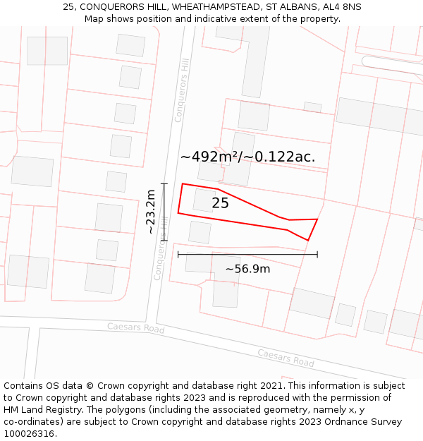 25, CONQUERORS HILL, WHEATHAMPSTEAD, ST ALBANS, AL4 8NS: Plot and title map