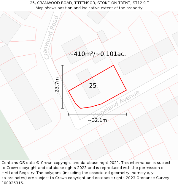 25, CRANWOOD ROAD, TITTENSOR, STOKE-ON-TRENT, ST12 9JE: Plot and title map