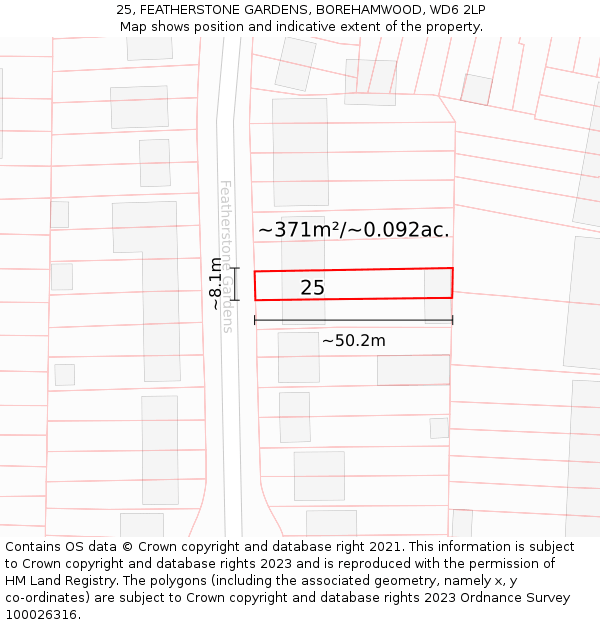 25, FEATHERSTONE GARDENS, BOREHAMWOOD, WD6 2LP: Plot and title map