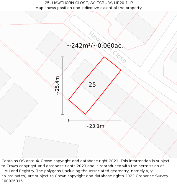 25, HAWTHORN CLOSE, AYLESBURY, HP20 1HP: Plot and title map