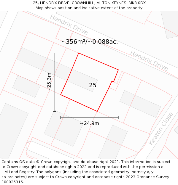 25, HENDRIX DRIVE, CROWNHILL, MILTON KEYNES, MK8 0DX: Plot and title map