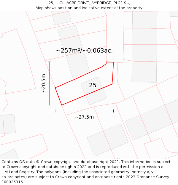 25, HIGH ACRE DRIVE, IVYBRIDGE, PL21 9UJ: Plot and title map