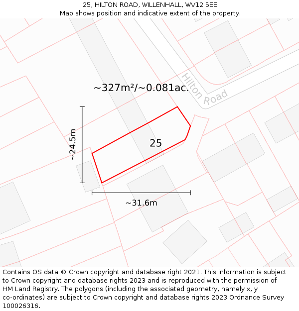 25, HILTON ROAD, WILLENHALL, WV12 5EE: Plot and title map