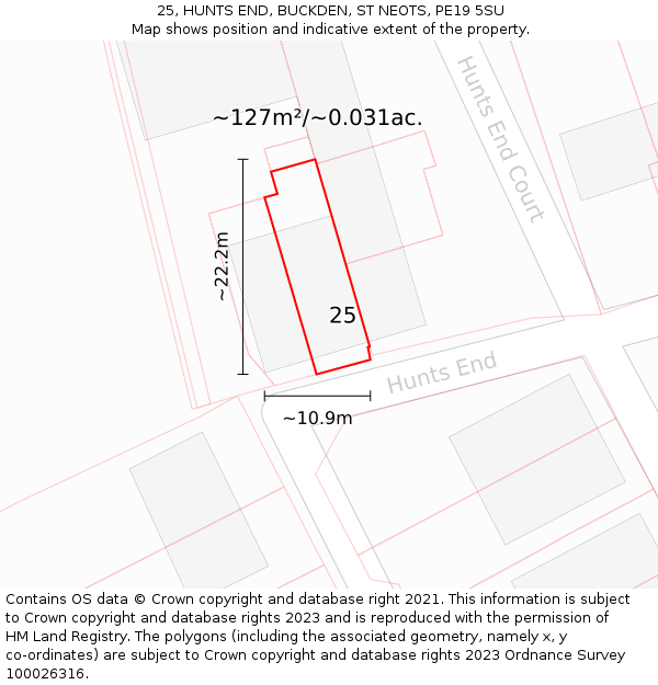 25, HUNTS END, BUCKDEN, ST NEOTS, PE19 5SU: Plot and title map