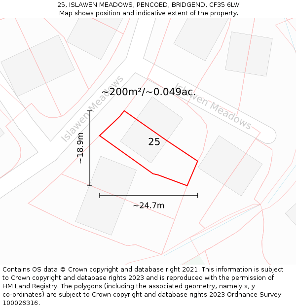 25, ISLAWEN MEADOWS, PENCOED, BRIDGEND, CF35 6LW: Plot and title map