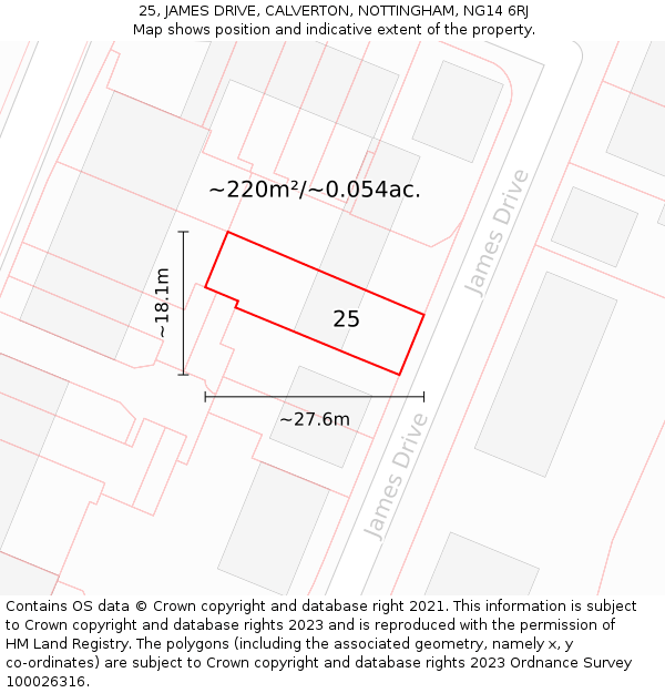 25, JAMES DRIVE, CALVERTON, NOTTINGHAM, NG14 6RJ: Plot and title map