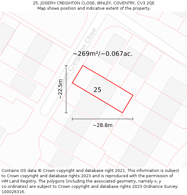 25, JOSEPH CREIGHTON CLOSE, BINLEY, COVENTRY, CV3 2QE: Plot and title map