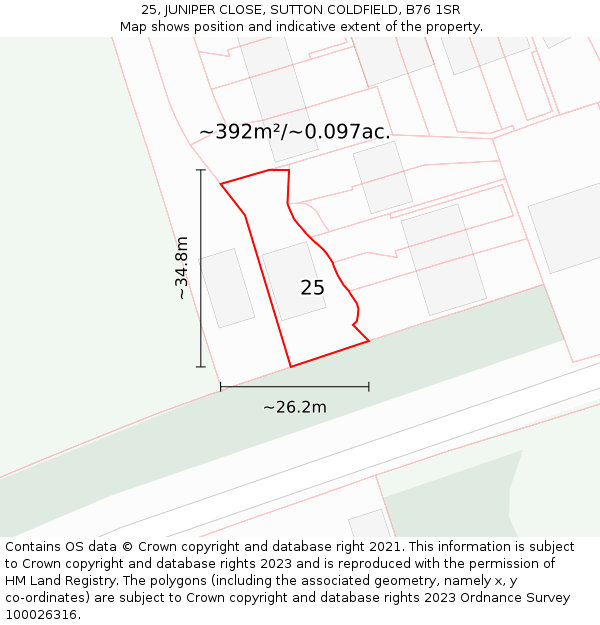 25, JUNIPER CLOSE, SUTTON COLDFIELD, B76 1SR: Plot and title map