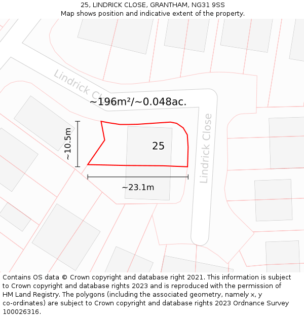 25, LINDRICK CLOSE, GRANTHAM, NG31 9SS: Plot and title map