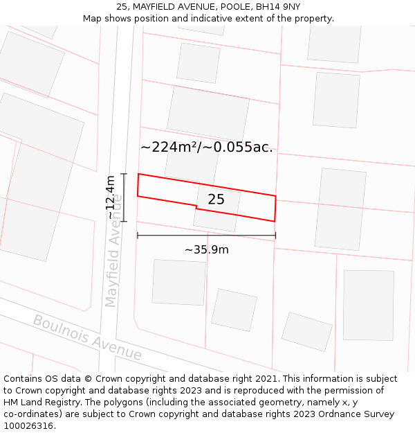 25, MAYFIELD AVENUE, POOLE, BH14 9NY: Plot and title map