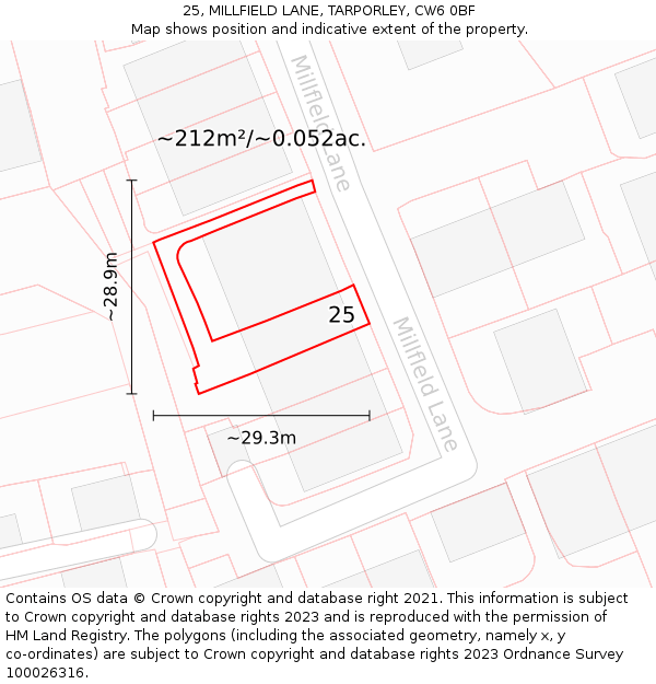 25, MILLFIELD LANE, TARPORLEY, CW6 0BF: Plot and title map