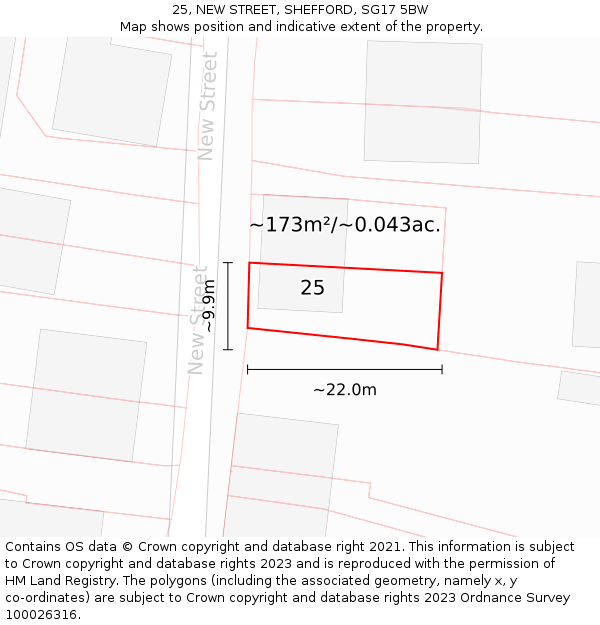 25, NEW STREET, SHEFFORD, SG17 5BW: Plot and title map