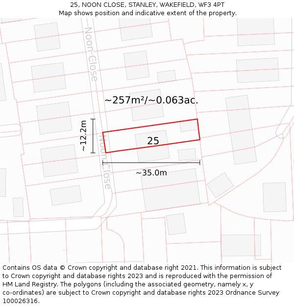 25, NOON CLOSE, STANLEY, WAKEFIELD, WF3 4PT: Plot and title map