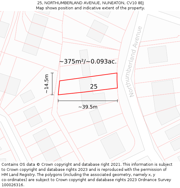 25, NORTHUMBERLAND AVENUE, NUNEATON, CV10 8EJ: Plot and title map