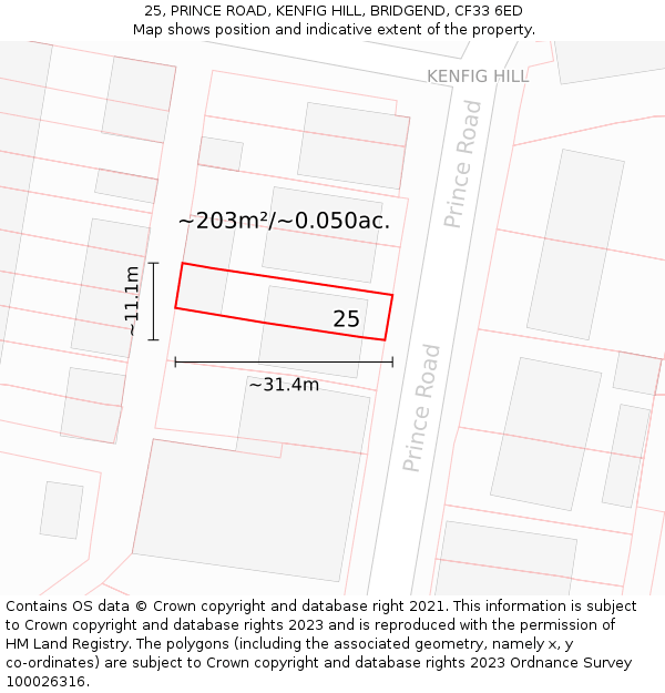 25, PRINCE ROAD, KENFIG HILL, BRIDGEND, CF33 6ED: Plot and title map