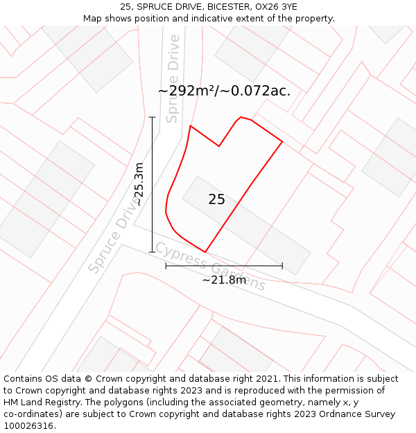 25, SPRUCE DRIVE, BICESTER, OX26 3YE: Plot and title map