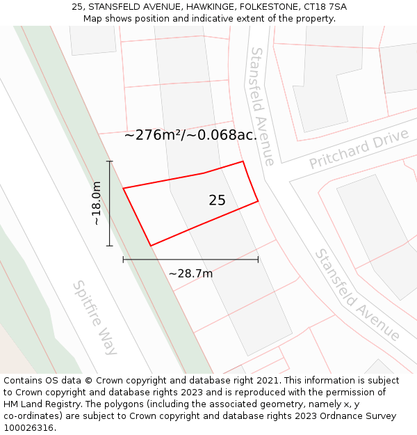 25, STANSFELD AVENUE, HAWKINGE, FOLKESTONE, CT18 7SA: Plot and title map