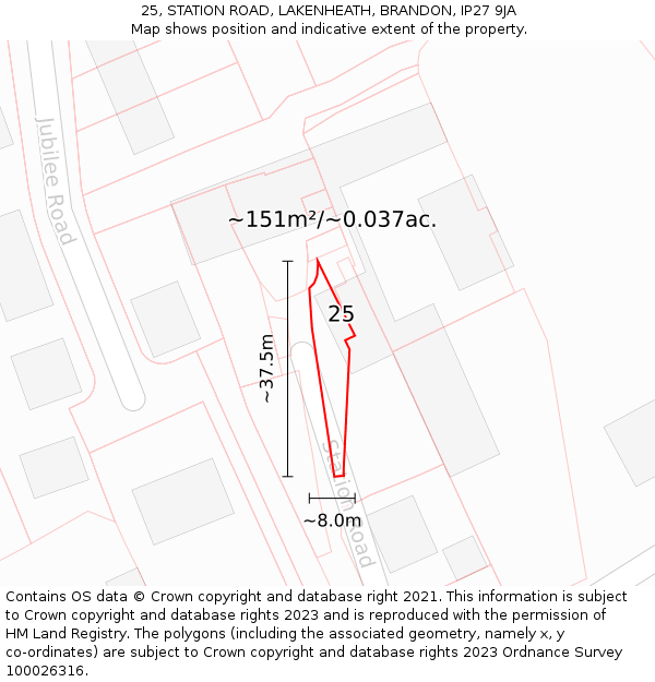 25, STATION ROAD, LAKENHEATH, BRANDON, IP27 9JA: Plot and title map