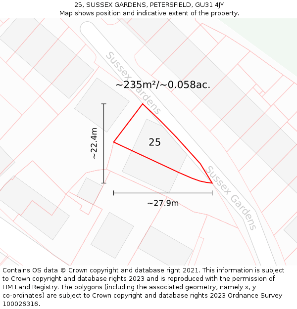 25, SUSSEX GARDENS, PETERSFIELD, GU31 4JY: Plot and title map