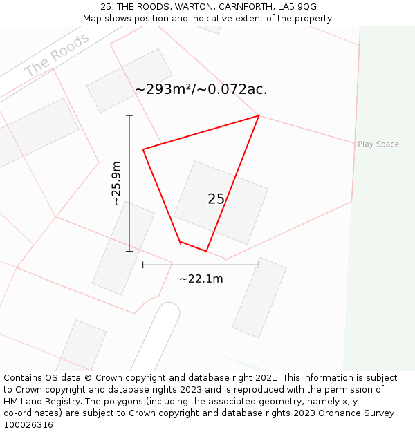 25, THE ROODS, WARTON, CARNFORTH, LA5 9QG: Plot and title map