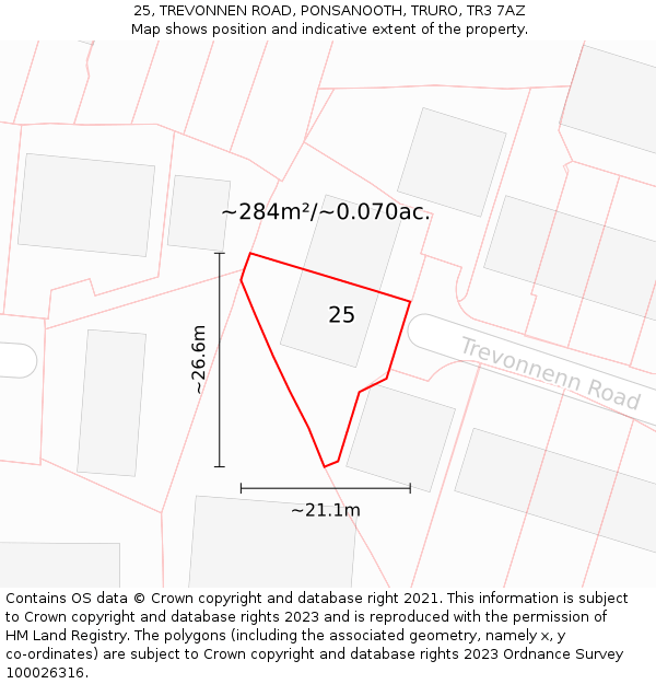 25, TREVONNEN ROAD, PONSANOOTH, TRURO, TR3 7AZ: Plot and title map