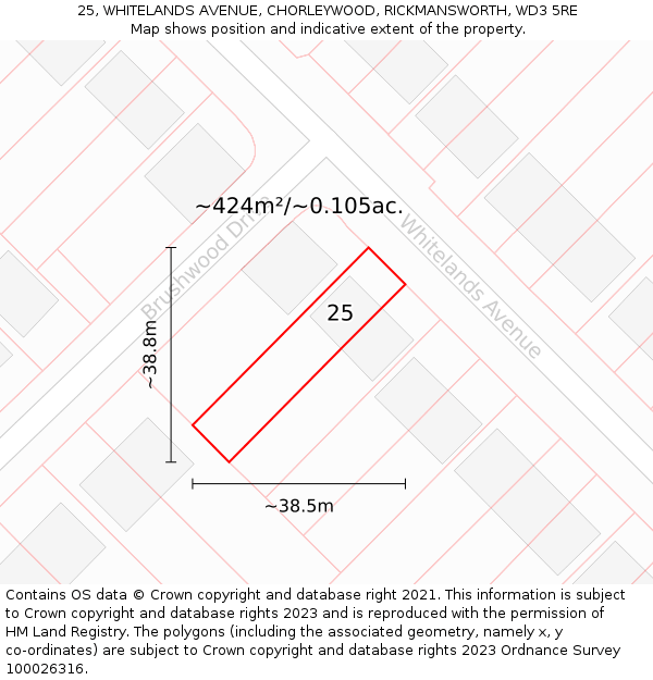 25, WHITELANDS AVENUE, CHORLEYWOOD, RICKMANSWORTH, WD3 5RE: Plot and title map