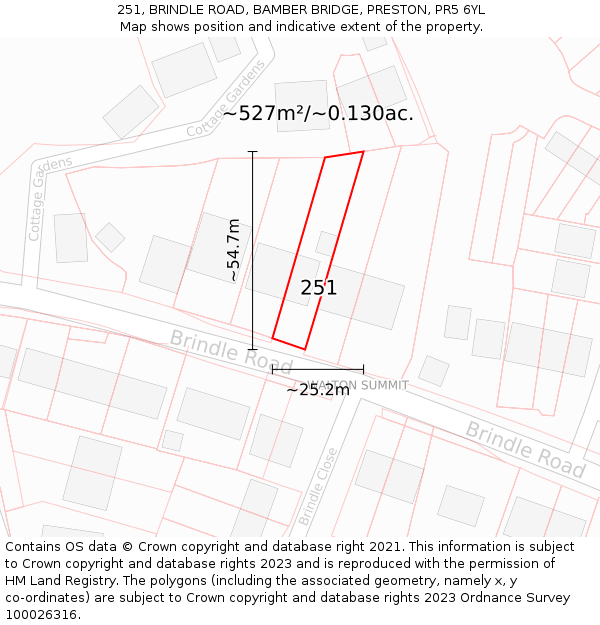 251, BRINDLE ROAD, BAMBER BRIDGE, PRESTON, PR5 6YL: Plot and title map