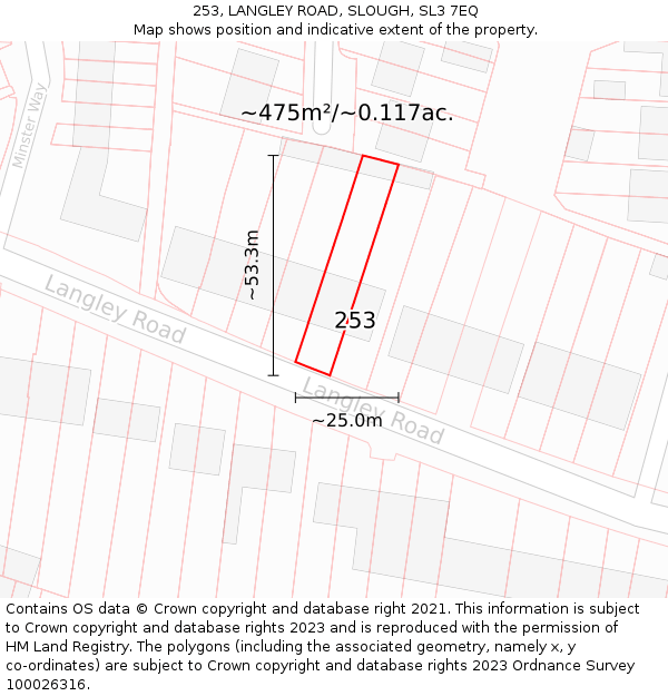 253, LANGLEY ROAD, SLOUGH, SL3 7EQ: Plot and title map