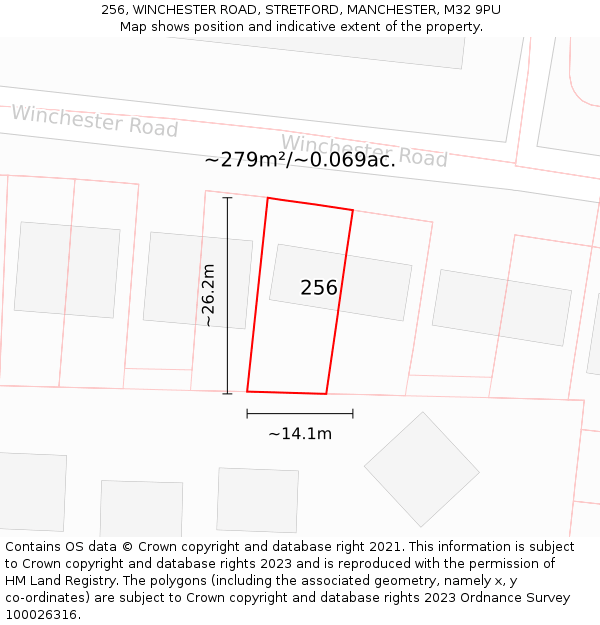 256, WINCHESTER ROAD, STRETFORD, MANCHESTER, M32 9PU: Plot and title map