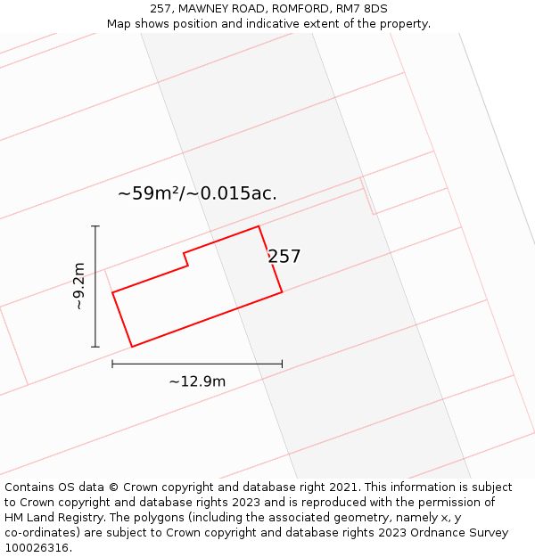 257, MAWNEY ROAD, ROMFORD, RM7 8DS: Plot and title map