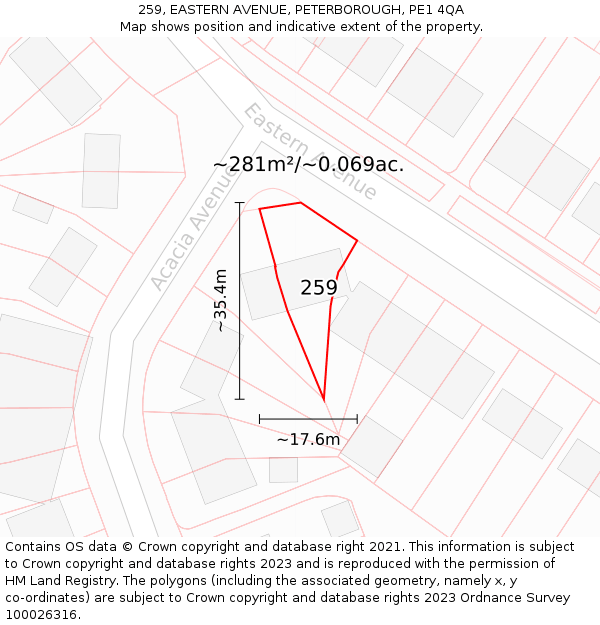 259, EASTERN AVENUE, PETERBOROUGH, PE1 4QA: Plot and title map