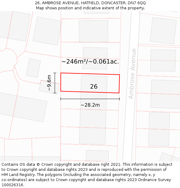 26, AMBROSE AVENUE, HATFIELD, DONCASTER, DN7 6QQ: Plot and title map