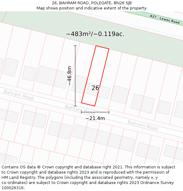 26, BAHRAM ROAD, POLEGATE, BN26 5JB: Plot and title map