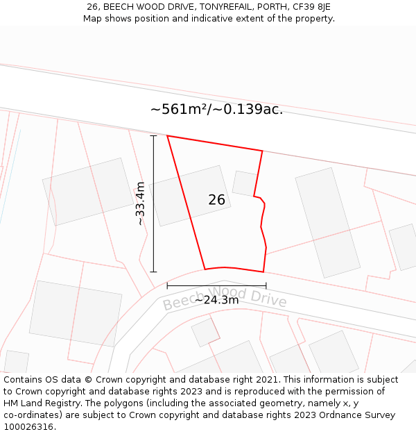 26, BEECH WOOD DRIVE, TONYREFAIL, PORTH, CF39 8JE: Plot and title map