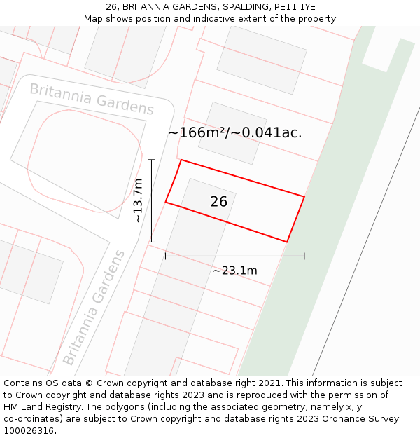 26, BRITANNIA GARDENS, SPALDING, PE11 1YE: Plot and title map