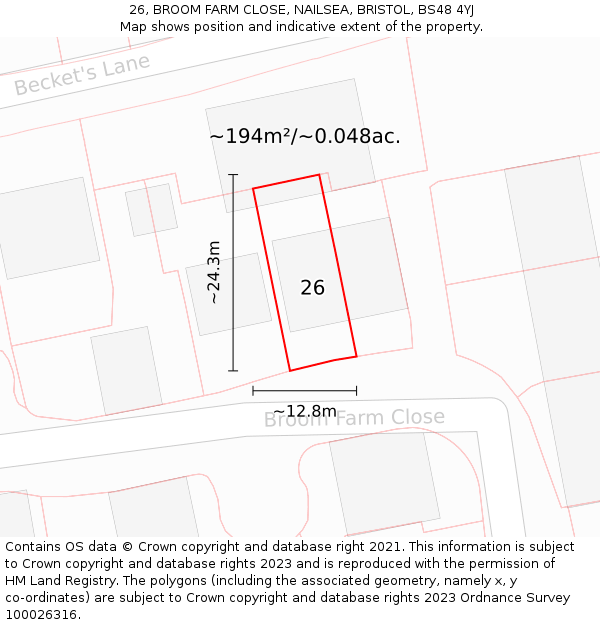 26, BROOM FARM CLOSE, NAILSEA, BRISTOL, BS48 4YJ: Plot and title map