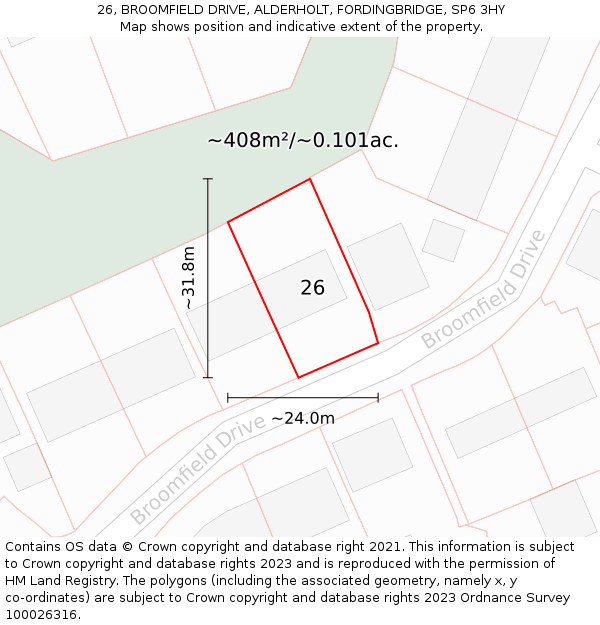 26, BROOMFIELD DRIVE, ALDERHOLT, FORDINGBRIDGE, SP6 3HY: Plot and title map