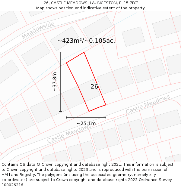 26, CASTLE MEADOWS, LAUNCESTON, PL15 7DZ: Plot and title map