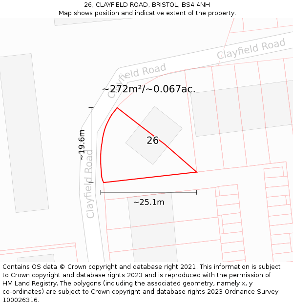 26, CLAYFIELD ROAD, BRISTOL, BS4 4NH: Plot and title map