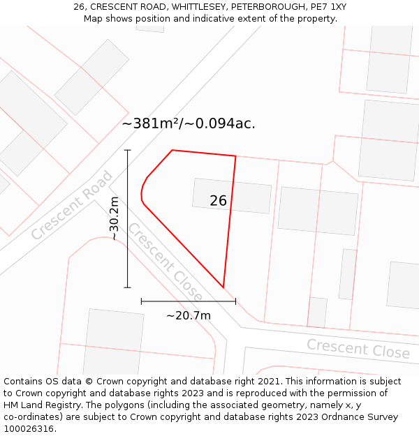 26, CRESCENT ROAD, WHITTLESEY, PETERBOROUGH, PE7 1XY: Plot and title map