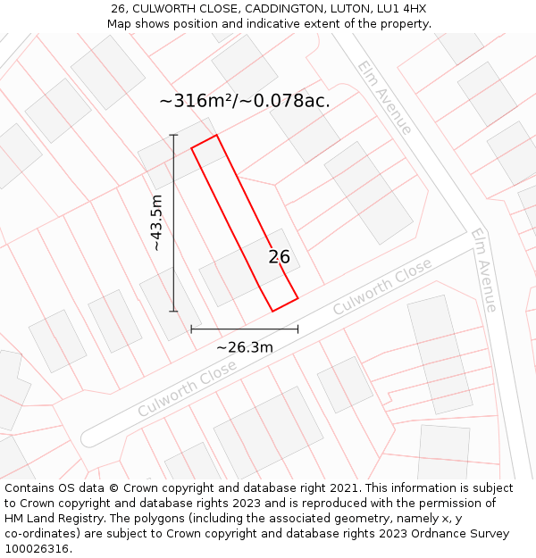 26, CULWORTH CLOSE, CADDINGTON, LUTON, LU1 4HX: Plot and title map