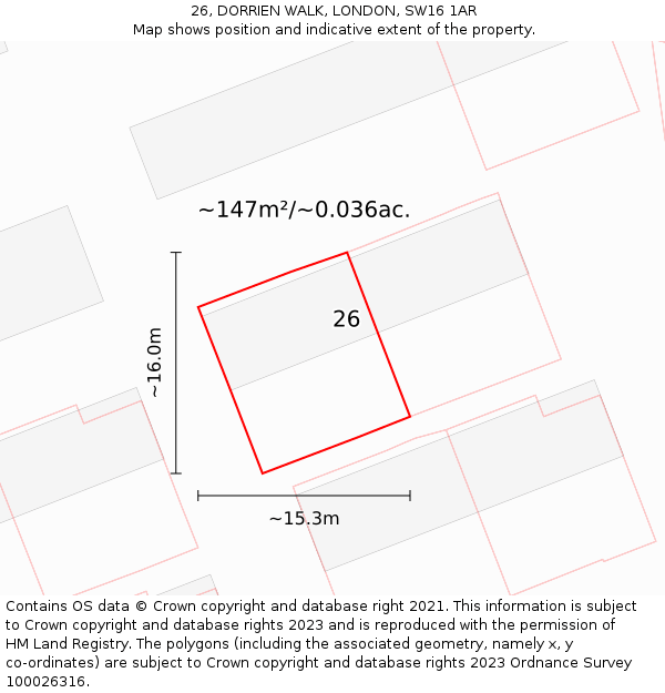 26, DORRIEN WALK, LONDON, SW16 1AR: Plot and title map