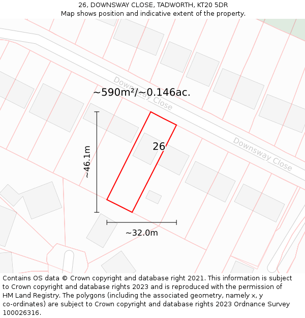 26, DOWNSWAY CLOSE, TADWORTH, KT20 5DR: Plot and title map