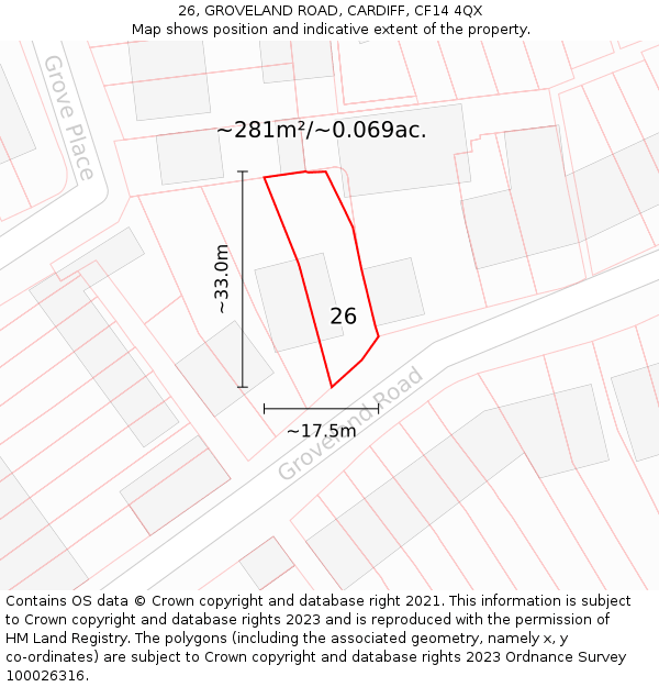 26, GROVELAND ROAD, CARDIFF, CF14 4QX: Plot and title map