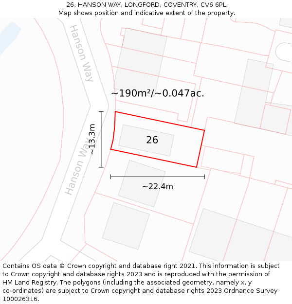 26, HANSON WAY, LONGFORD, COVENTRY, CV6 6PL: Plot and title map