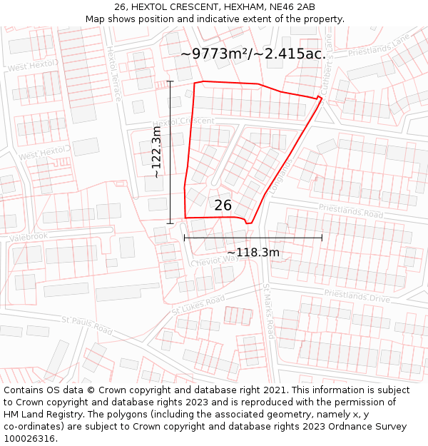 26, HEXTOL CRESCENT, HEXHAM, NE46 2AB: Plot and title map